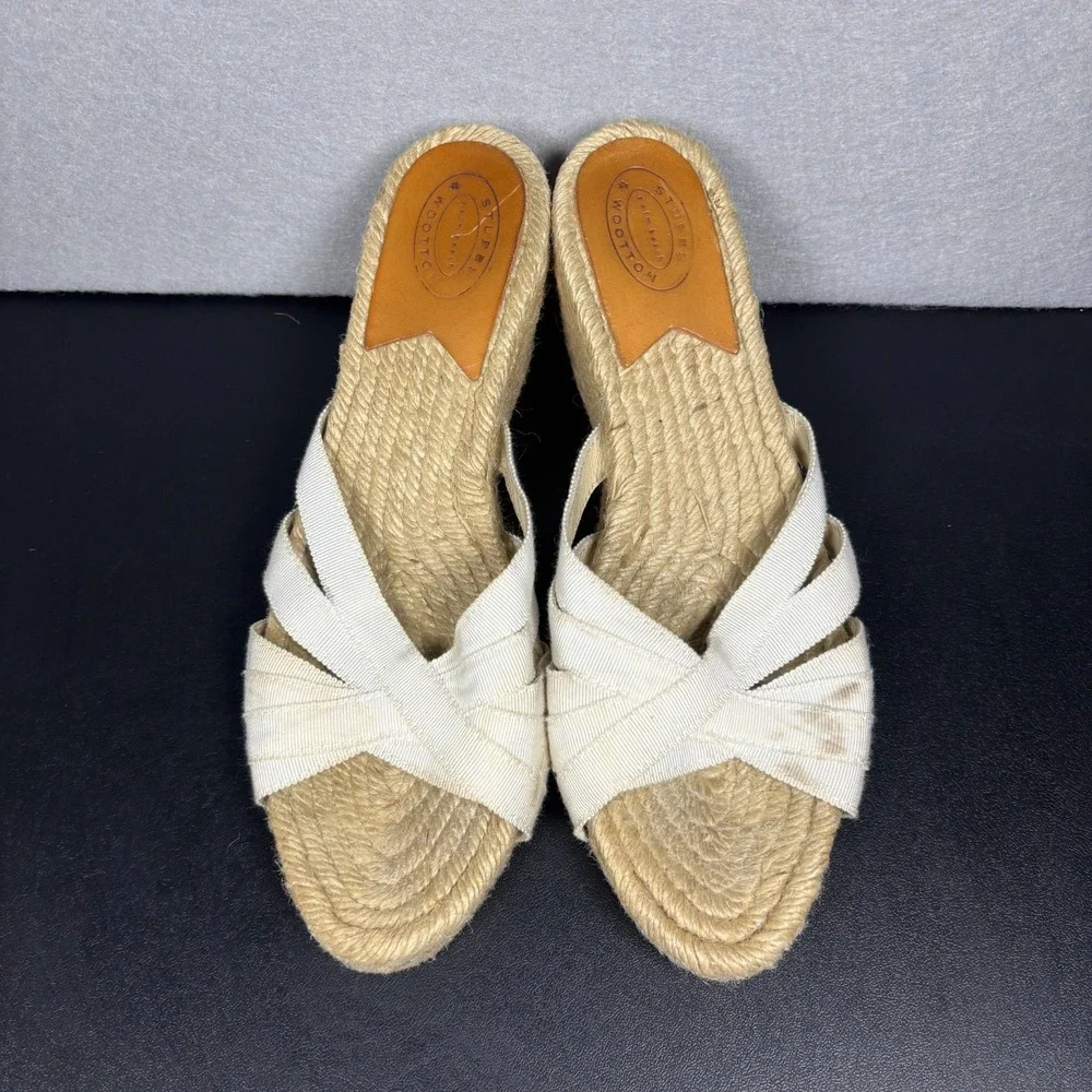 Stubbs & Wootton Espadrille Wedge Sandals White Grace Grosgrain Straps Size 38/8